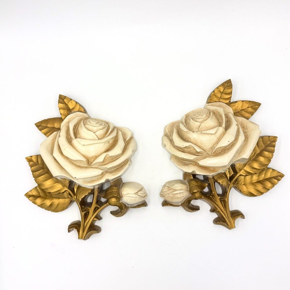Vintage Homco 1977 White Rose Wall Plaques Pair Gold Floral Hollywood Regency